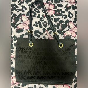 Michael Kors Canvas Brown Jet Set Tote Bag w Gold Hardware